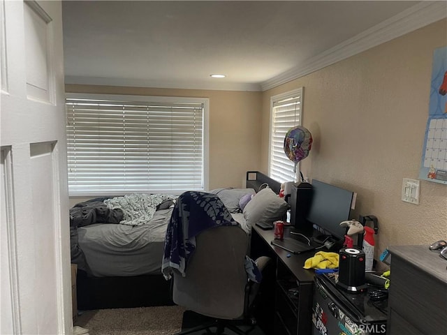 13213 Leffingwell Rd, Whittier, CA 90605 - bedroom with crown molding and an office area