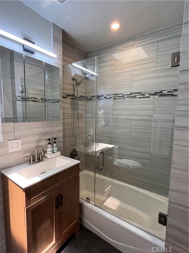 1610 266th St, Harbor City, CA 90710 - full bathroom with vanity, shower / bath combination with glass door, tile patterned floors, and recessed lighting