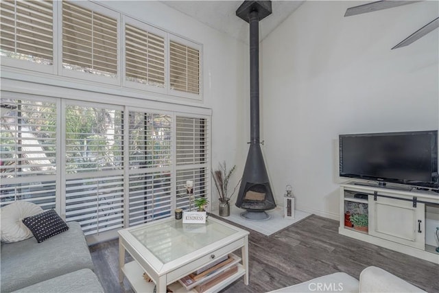 4900 E Chapman Ave Unit 24, Orange, CA 92869 - living area featuring a wood stove and wood finished floors