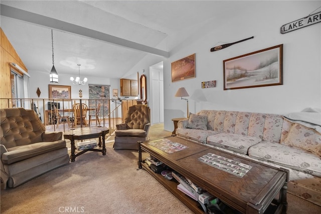 103 Rockledge Ln, Lake Arrowhead, CA 92352 - carpeted living area with a chandelier and vaulted ceiling