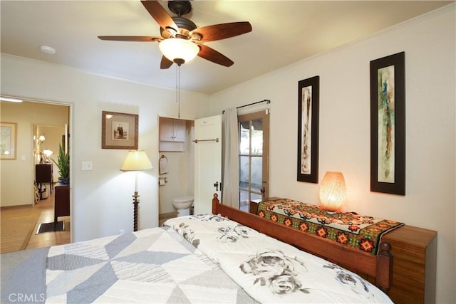 404 N Vinedo Ave, Pasadena, CA 91107 - bedroom with wood finished floors, a ceiling fan, and connected bathroom