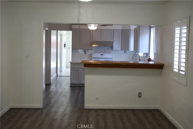 15154 Oliva Ave, Paramount, CA 90723 - kitchen featuring range, under cabinet range hood, dark wood-style flooring, butcher block counters, and ceiling fan