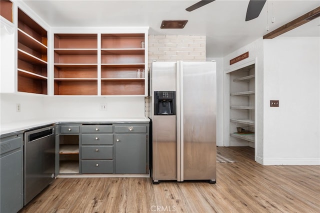 4491 N Dewitt Ave, Fresno, CA 93727 - kitchen featuring appliances with stainless steel finishes, open shelves, gray cabinetry, and ceiling fan