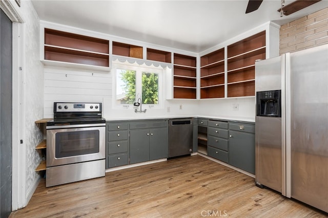 4491 N Dewitt Ave, Fresno, CA 93727 - kitchen with open shelves, stainless steel appliances, and gray cabinetry