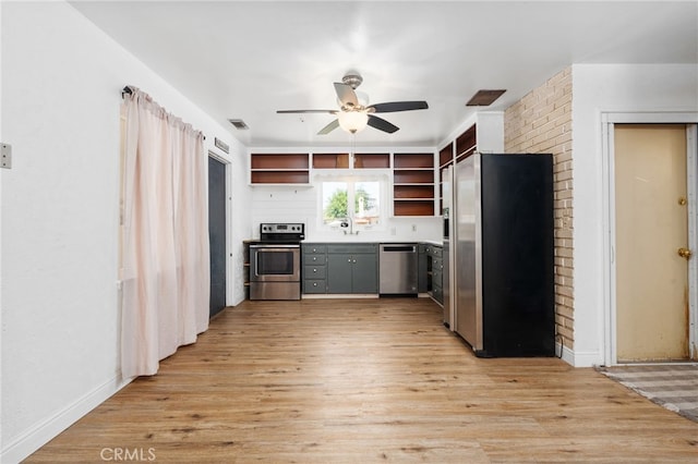 4491 N Dewitt Ave, Fresno, CA 93727 - kitchen with appliances with stainless steel finishes, open shelves, ceiling fan, light wood-type flooring, and gray cabinetry