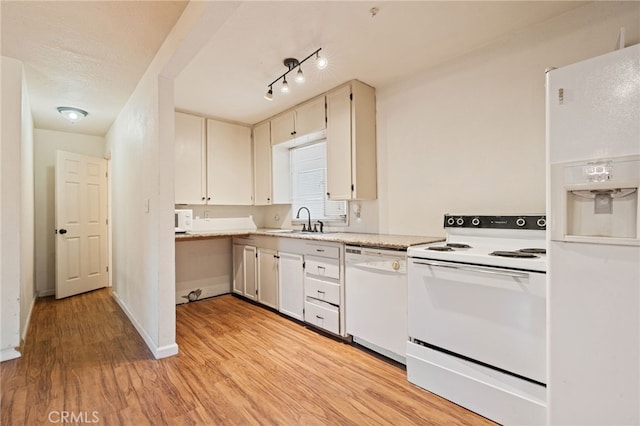 4491 N Dewitt Ave, Fresno, CA 93727 - kitchen featuring white appliances, light wood finished floors, and white cabinetry