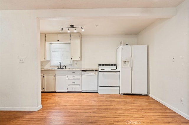 4491 N Dewitt Ave, Fresno, CA 93727 - kitchen featuring white appliances, light wood-style flooring, light countertops, and white cabinets