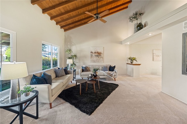 514 Mohawk Dr, Placentia, CA 92870 - living area with a wood ceiling with exposed beams, high vaulted ceiling, carpet floors, and ceiling fan