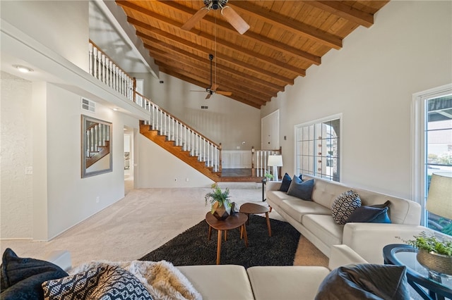 514 Mohawk Dr, Placentia, CA 92870 - living area featuring a wood ceiling with exposed beams, a ceiling fan, carpet flooring, stairway, and high vaulted ceiling