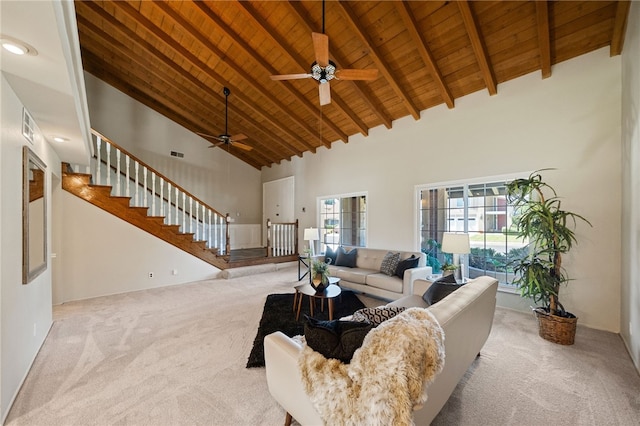 514 Mohawk Dr, Placentia, CA 92870 - living room with a wooden ceiling with exposed beams, carpet flooring, high vaulted ceiling, a ceiling fan, and stairway