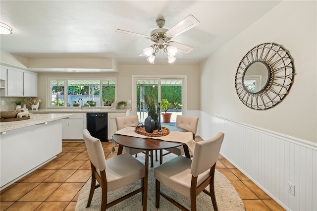 514 Mohawk Dr, Placentia, CA 92870 - dining room with light tile patterned floors, wainscoting, and a ceiling fan