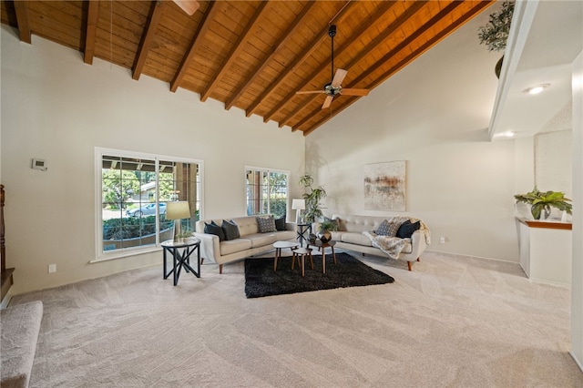 514 Mohawk Dr, Placentia, CA 92870 - carpeted living room with a wood ceiling with exposed beams, high vaulted ceiling, and ceiling fan