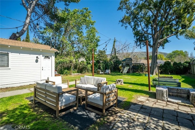 2082 Harris St, San Luis Obispo, CA 93401 - view of grassy yard with an outdoor hangout area, a patio, and a playground