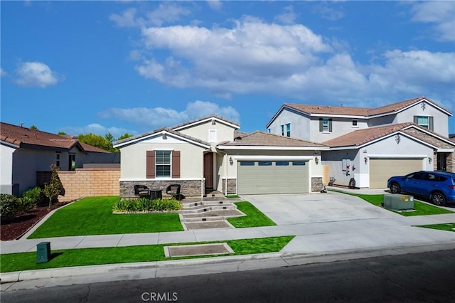 30159 Honor Ct, Menifee, CA 92584 - view of front of house featuring stone siding, stucco siding, a garage, and driveway