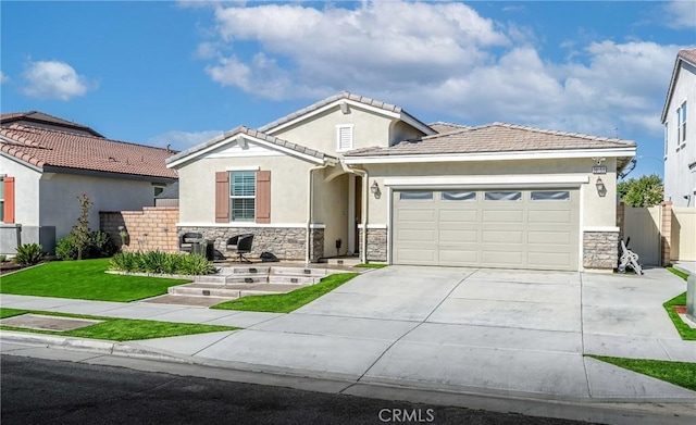 30159 Honor Ct, Menifee, CA 92584 - view of front of house with stone siding, a garage, driveway, and stucco siding