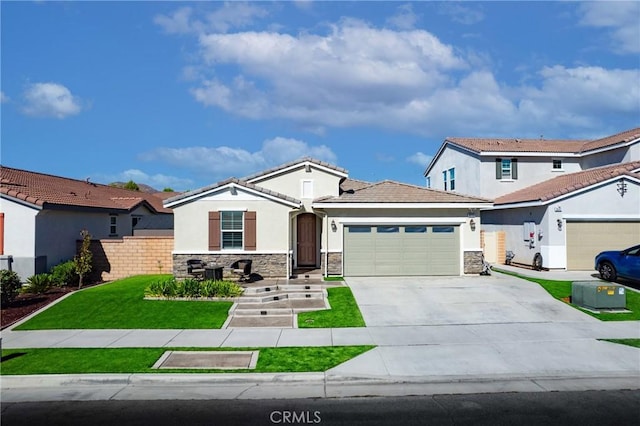 30159 Honor Ct, Menifee, CA 92584 - view of front of house featuring stone siding, an attached garage, driveway, and stucco siding