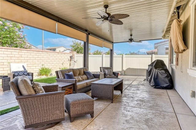 30159 Honor Ct, Menifee, CA 92584 - fenced backyard featuring ceiling fan, an outdoor living space, a patio, and grilling area
