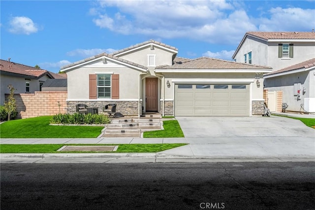 30159 Honor Ct, Menifee, CA 92584 - view of front of house with stone siding, an attached garage, stucco siding, and driveway