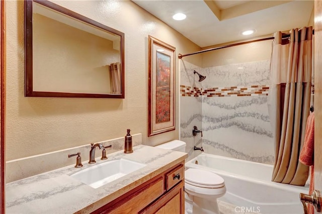 6272 Riviera Cir, Long Beach, CA 90815 - full bathroom featuring shower / bath combo, vanity, a textured wall, and recessed lighting