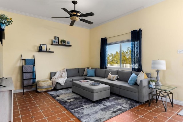 6636 Indian Cove Rd Unit 29, Palms, CA 92277 - tiled living room with crown molding and ceiling fan