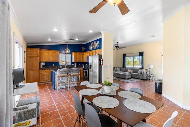 6636 Indian Cove Rd Unit 29, Palms, CA 92277 - tiled dining area with ceiling fan, crown molding, and recessed lighting