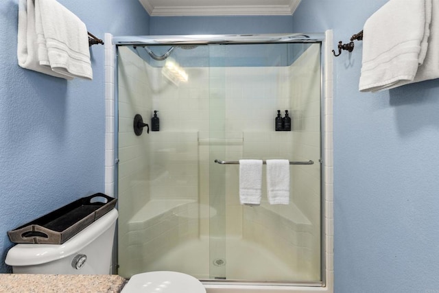 6636 Indian Cove Rd Unit 29, Palms, CA 92277 - full bath featuring ornamental molding, a stall shower, and a textured wall