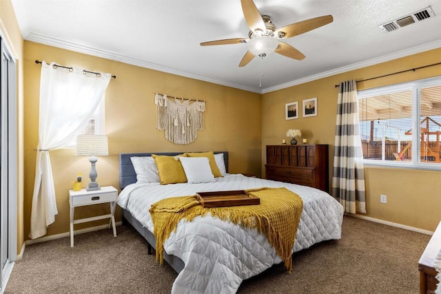 6636 Indian Cove Rd Unit 29, Palms, CA 92277 - bedroom with carpet floors, ornamental molding, and ceiling fan