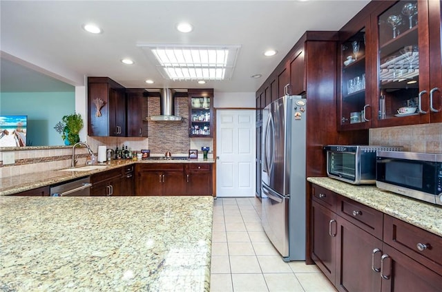 25355 Auld Ave, Hemet, CA 92544 - kitchen with stainless steel appliances, wall chimney exhaust hood, backsplash, light tile patterned floors, and recessed lighting