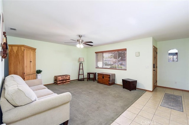 25355 Auld Ave, Hemet, CA 92544 - living room featuring ceiling fan, light tile patterned flooring, and light colored carpet