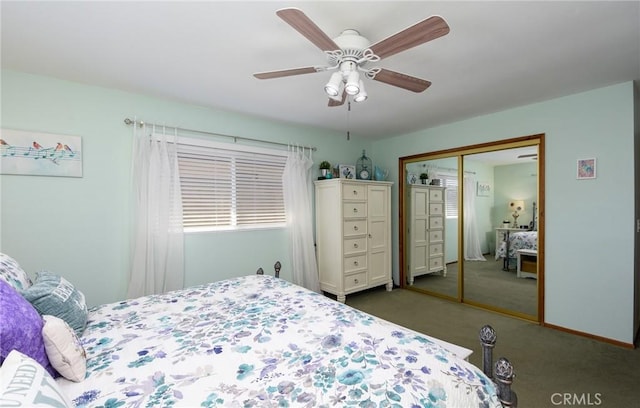 25355 Auld Ave, Hemet, CA 92544 - bedroom featuring dark colored carpet, a closet, and a ceiling fan