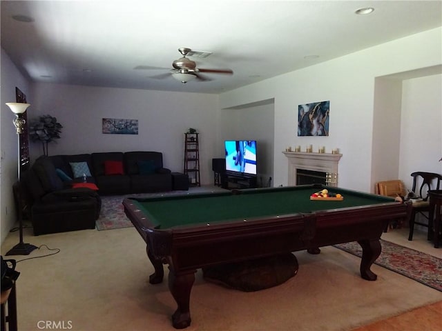 43890 Moccasin Pl, Lancaster, CA 93536 - recreation room with carpet flooring, billiards table, ceiling fan, and a fireplace