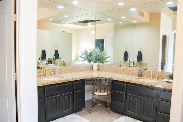 7525 Whitney Ave, Yucca Valley, CA 92284 - full bath with double vanity, tile patterned flooring, and recessed lighting