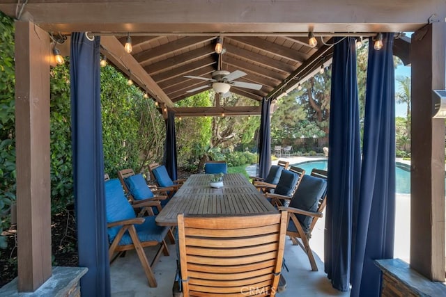 9604 Tunney Ave, Northridge, CA 91324 - view of patio / terrace with a ceiling fan, outdoor dining space, and an outdoor pool