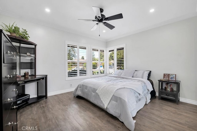 9604 Tunney Ave, Northridge, CA 91324 - bedroom featuring wood finished floors, recessed lighting, crown molding, and a ceiling fan