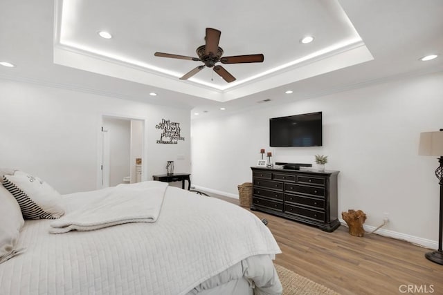 9604 Tunney Ave, Northridge, CA 91324 - bedroom with a raised ceiling, recessed lighting, wood finished floors, ceiling fan, and crown molding