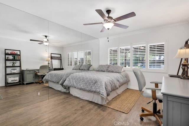 9604 Tunney Ave, Northridge, CA 91324 - bedroom featuring wood finished floors, ornamental molding, and a ceiling fan