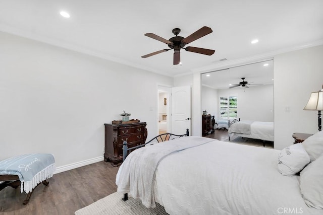 9604 Tunney Ave, Northridge, CA 91324 - bedroom with recessed lighting, wood finished floors, ornamental molding, ceiling fan, and a closet