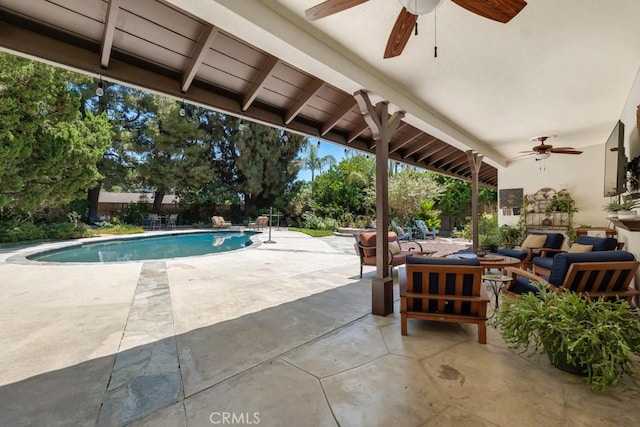 9604 Tunney Ave, Northridge, CA 91324 - outdoor pool featuring ceiling fan, a patio area, a fenced backyard, and an outdoor hangout area
