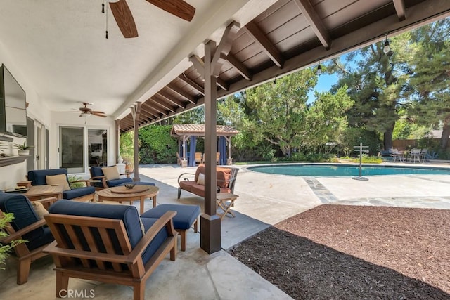 9604 Tunney Ave, Northridge, CA 91324 - fenced backyard with a ceiling fan, a patio, outdoor lounge area, and an outdoor pool