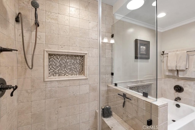 9604 Tunney Ave, Northridge, CA 91324 - full bathroom featuring a tile shower, ornamental molding, and a bath