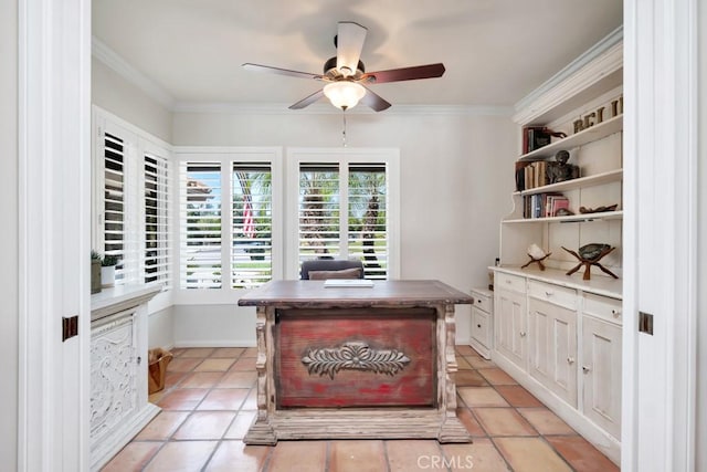 9604 Tunney Ave, Northridge, CA 91324 - office area with ornamental molding, ceiling fan, and light tile patterned floors
