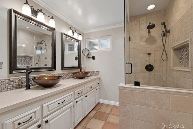 9604 Tunney Ave, Northridge, CA 91324 - full bath featuring tiled shower, double vanity, ornamental molding, tile patterned floors, and tasteful backsplash