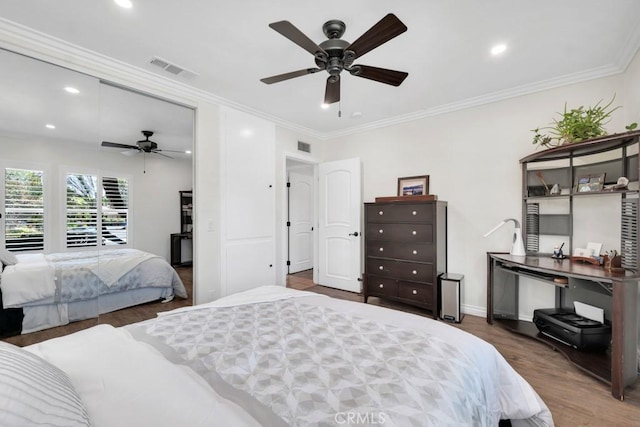 9604 Tunney Ave, Northridge, CA 91324 - bedroom featuring wood finished floors, recessed lighting, ornamental molding, and a ceiling fan