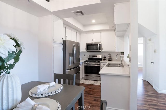 13801 Oxnard St Unit 202, Van Nuys, CA 91401 - kitchen featuring appliances with stainless steel finishes, dark wood-style flooring, a raised ceiling, light countertops, and white cabinetry