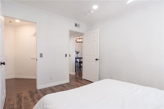 13801 Oxnard St Unit 202, Van Nuys, CA 91401 - bedroom with wood finished floors, ornamental molding, a chandelier, and recessed lighting