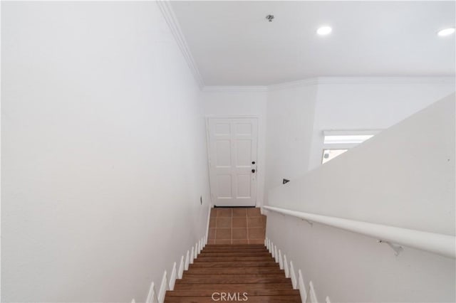 13801 Oxnard St Unit 202, Van Nuys, CA 91401 - staircase with crown molding, recessed lighting, and wood finished floors