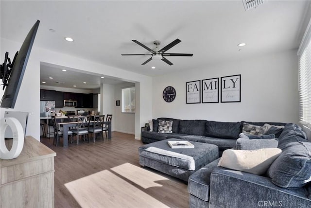 453 Daffodil Dr, Merced, CA 95341 - living area with recessed lighting, ceiling fan, and wood finished floors