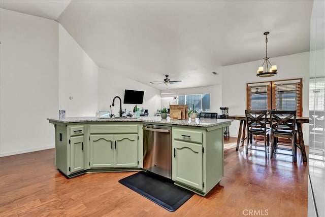 695 Crescent Ln, Lemoore, CA 93245 - kitchen featuring green cabinetry, dishwasher, light wood-style floors, a chandelier, and ceiling fan