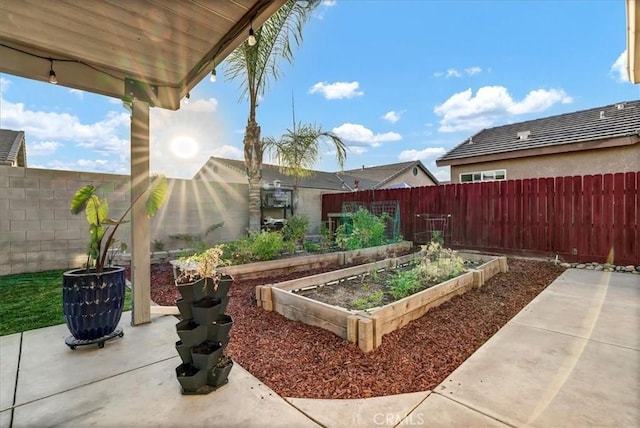 695 Crescent Ln, Lemoore, CA 93245 - fenced backyard featuring a vegetable garden and a patio area