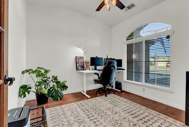 695 Crescent Ln, Lemoore, CA 93245 - office area with ceiling fan, wood finished floors, and vaulted ceiling